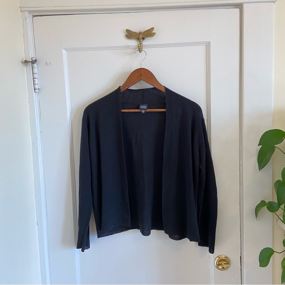 Eileen Fisher Open Front 100% Wool Minimalist Capsule Cardigan Black Size Medium